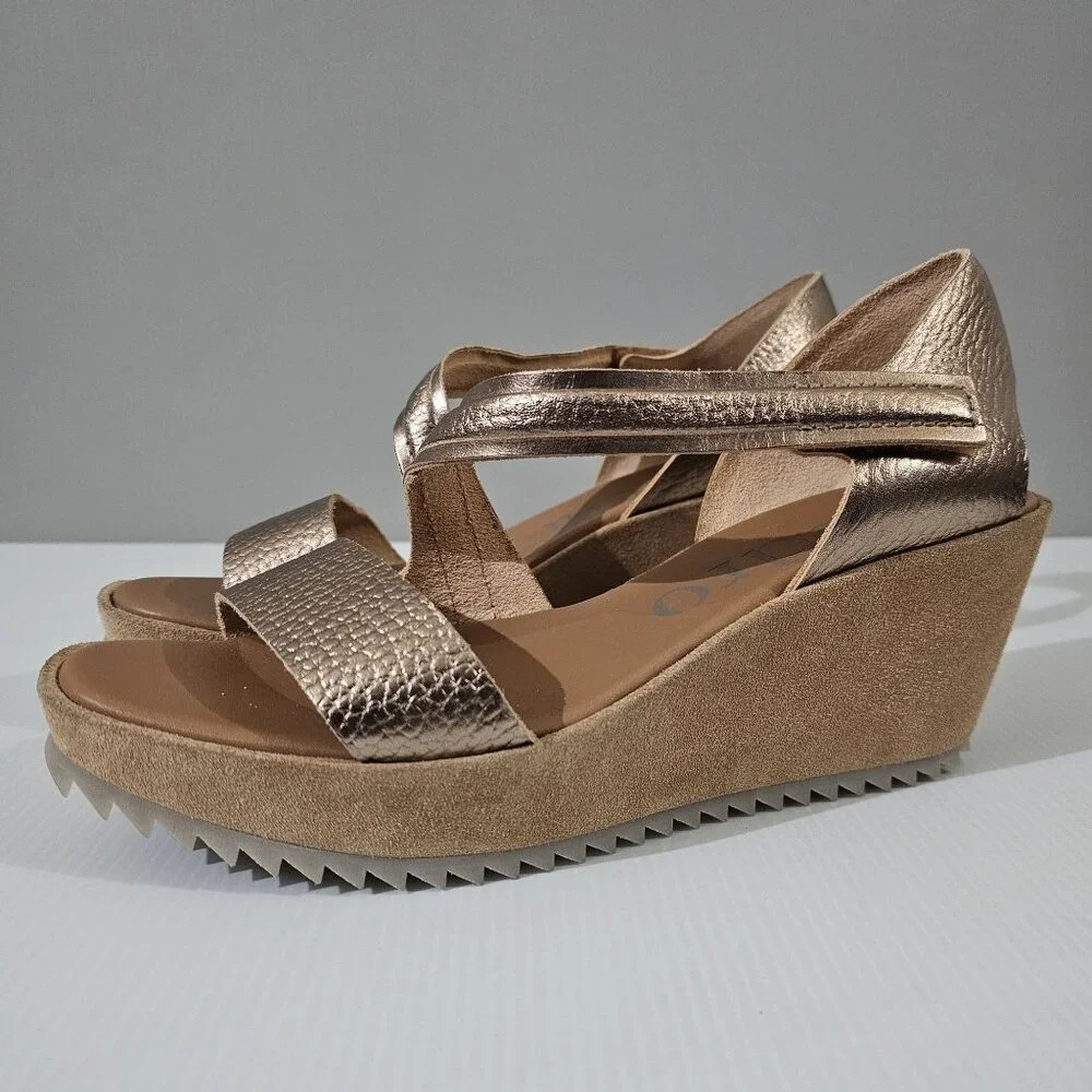 NEW Pedro Garcia Fineta Wedge Sandal Platform Suntan Metallic Leather EU 41.5